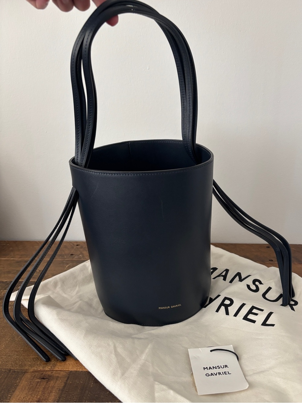 Mansur Gavriel Blue Bucket Purse with Fringe